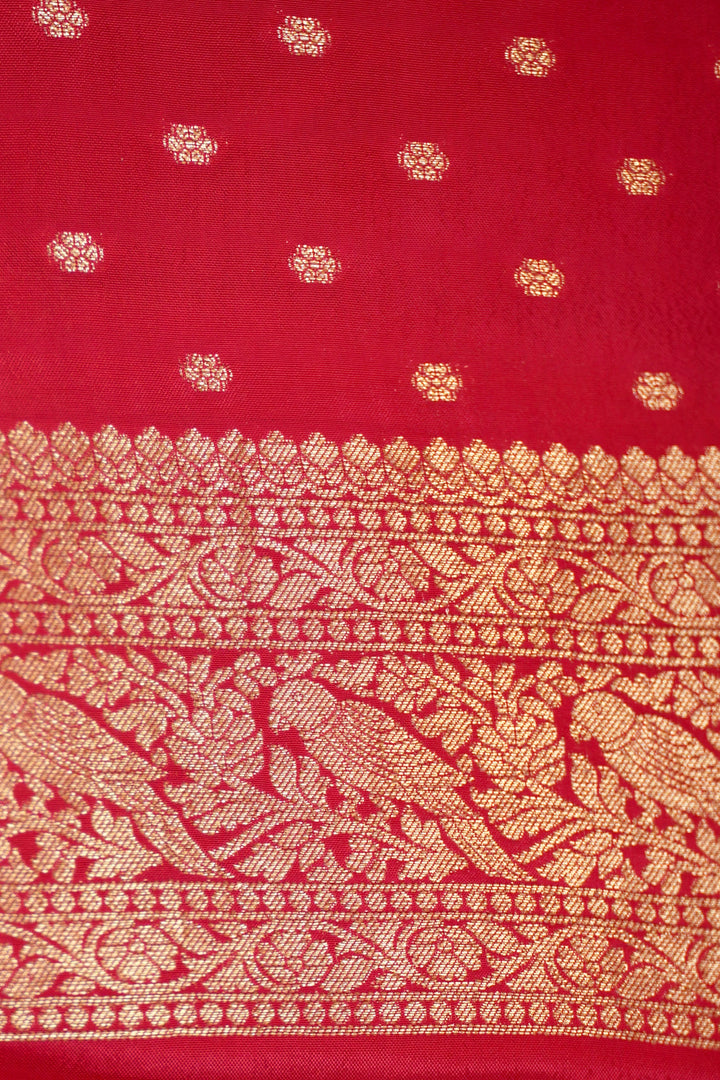 Striking Cherry Red Banarasi Chinon Georgette Saree with Antique Zari Figure Motifs