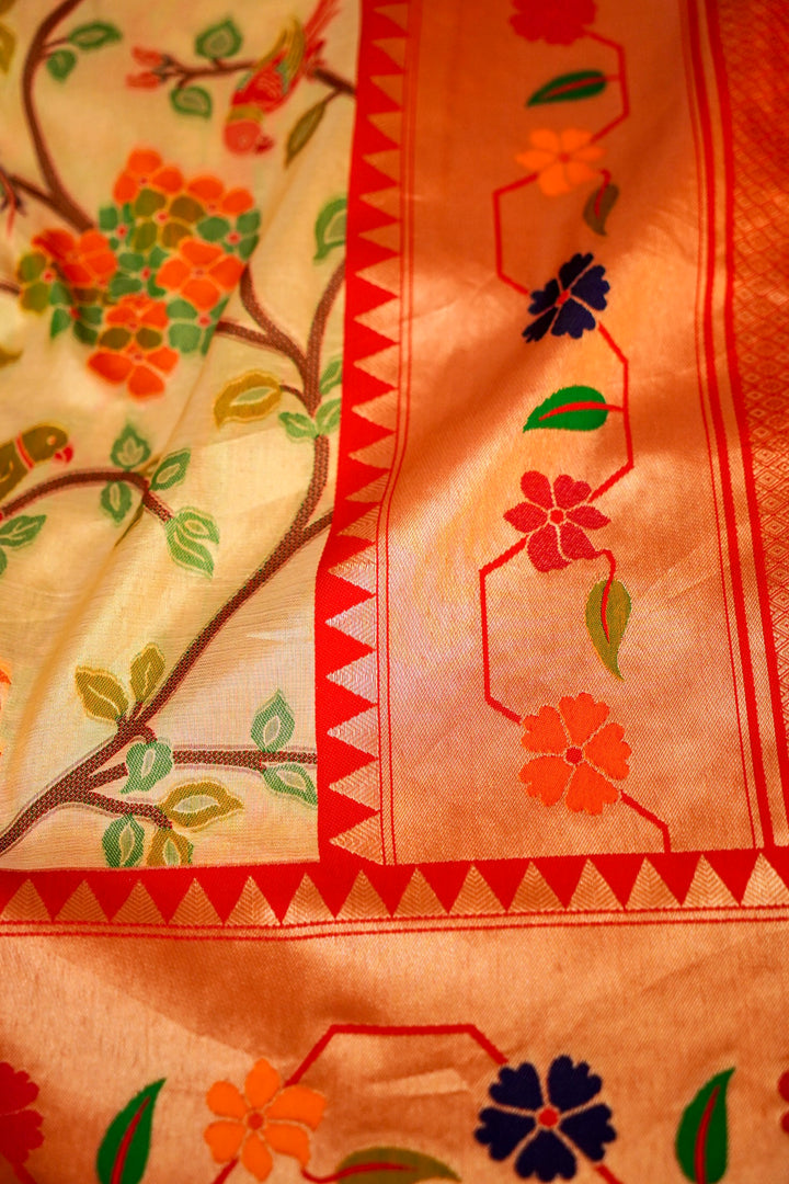 Beige Banarasi Tissue Silk Meenakari Saree with Paithani Border Pallu