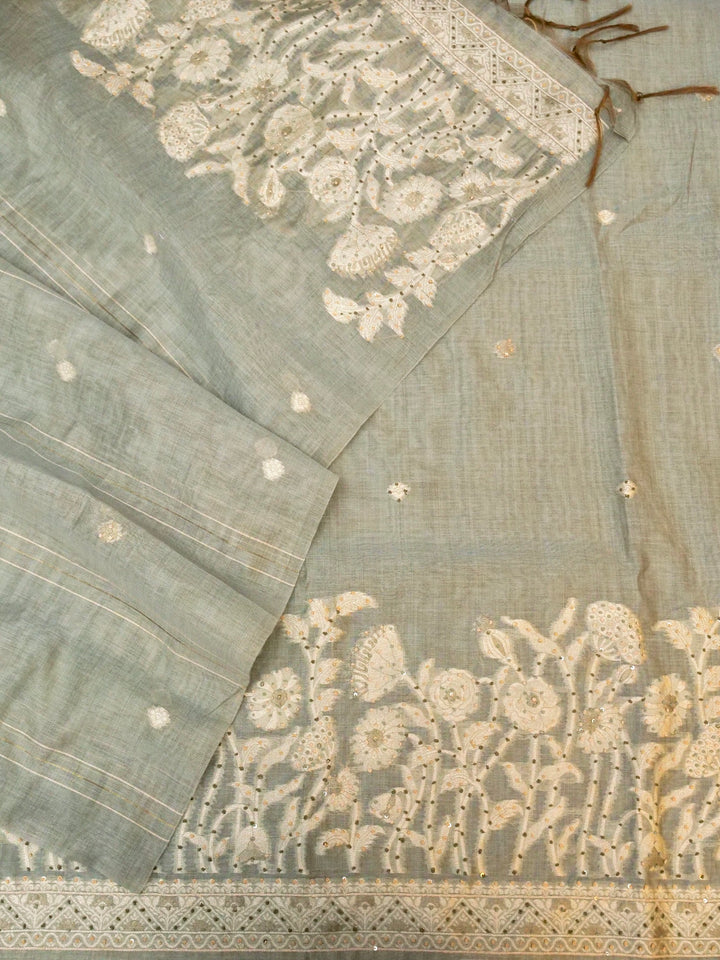 Light Sage Green Banarasi Cotton Jamdani Suit Set with French Knot Thread Embroidery