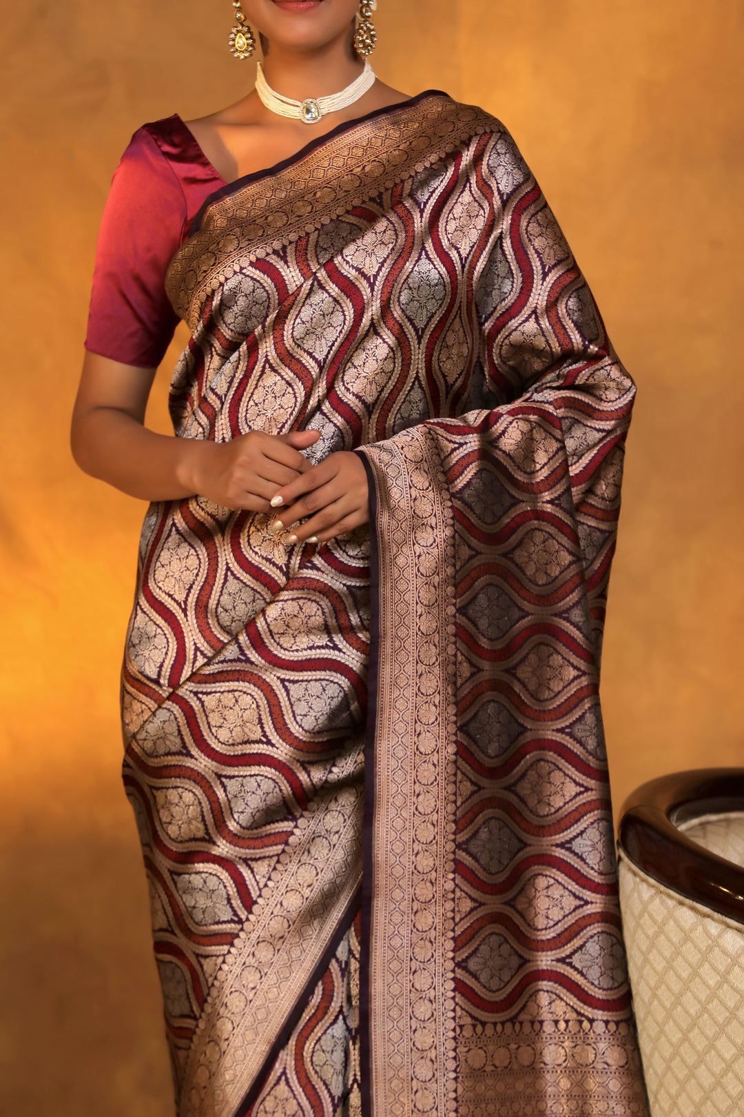 nita ambani inspired handwoven dark purple banarasi pure katan silk saree front close view 1