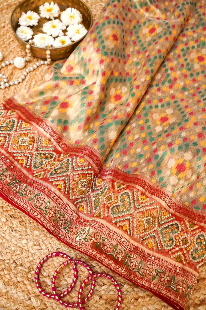 Pure Banarasi Tissue Ikkat Weaving Saree with Hand Zardozi Embroidery