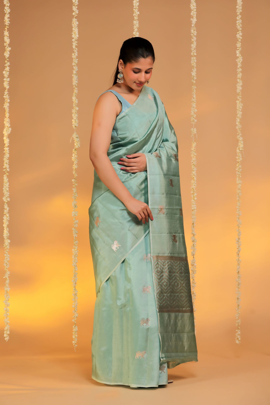 banarasi handloom pastel green pure mashru silk lion motif saree side view 2