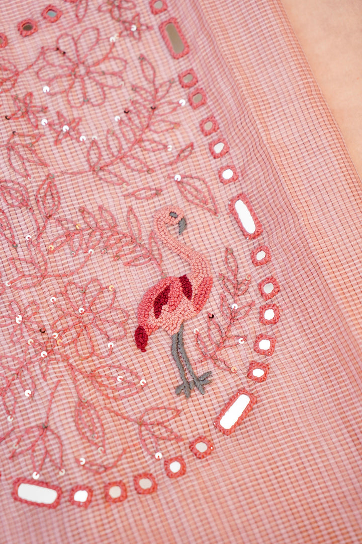 Pink Pure Chanderi Kota Fabric with Mirror & French Knot Thread Embroidery