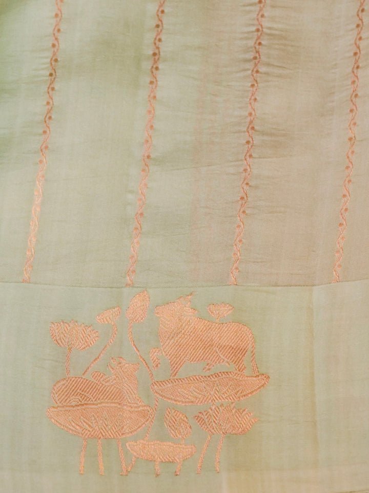 Handwoven Banarasi Pure Pastel Green Mashru Silk Saree with Zari Shikargah Weave View 6