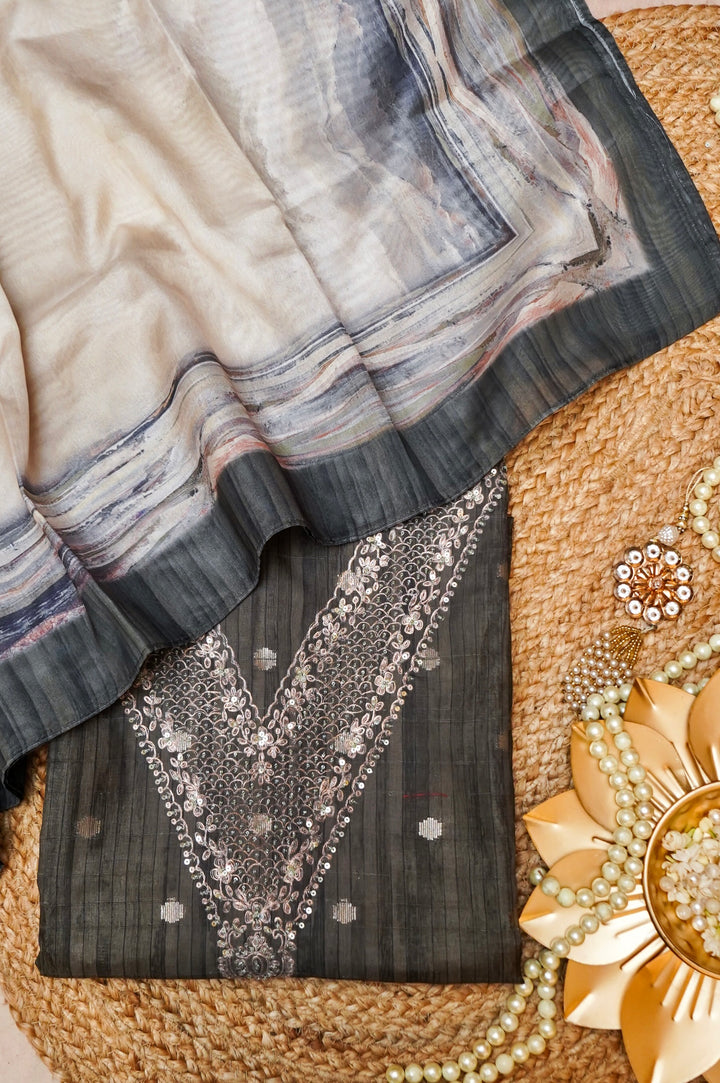 Mehndi Green Chanderi Silk Suit Set with Pitta Zari Embroidery View 1