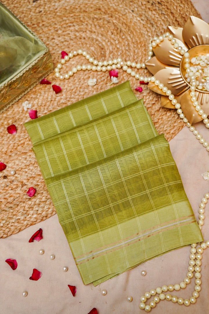 Pista Bloom Pure Organza Silk Check Saree View 1