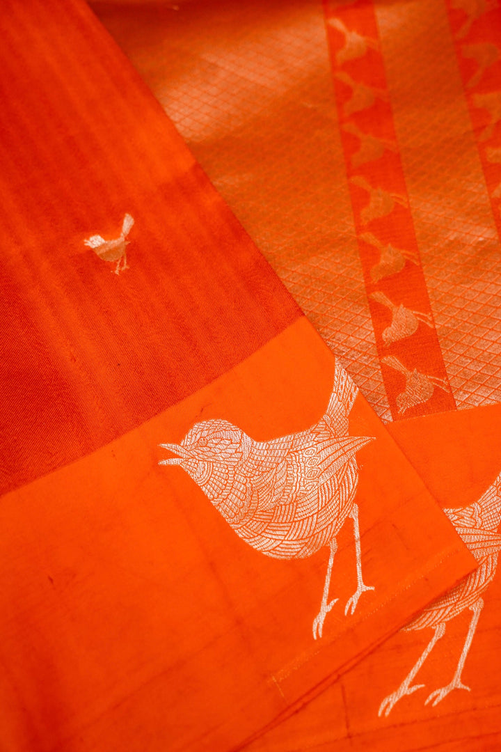 Rust Handwoven Bridal Banarasi Katan Silk Saree with Golden Zari Bird Motifs