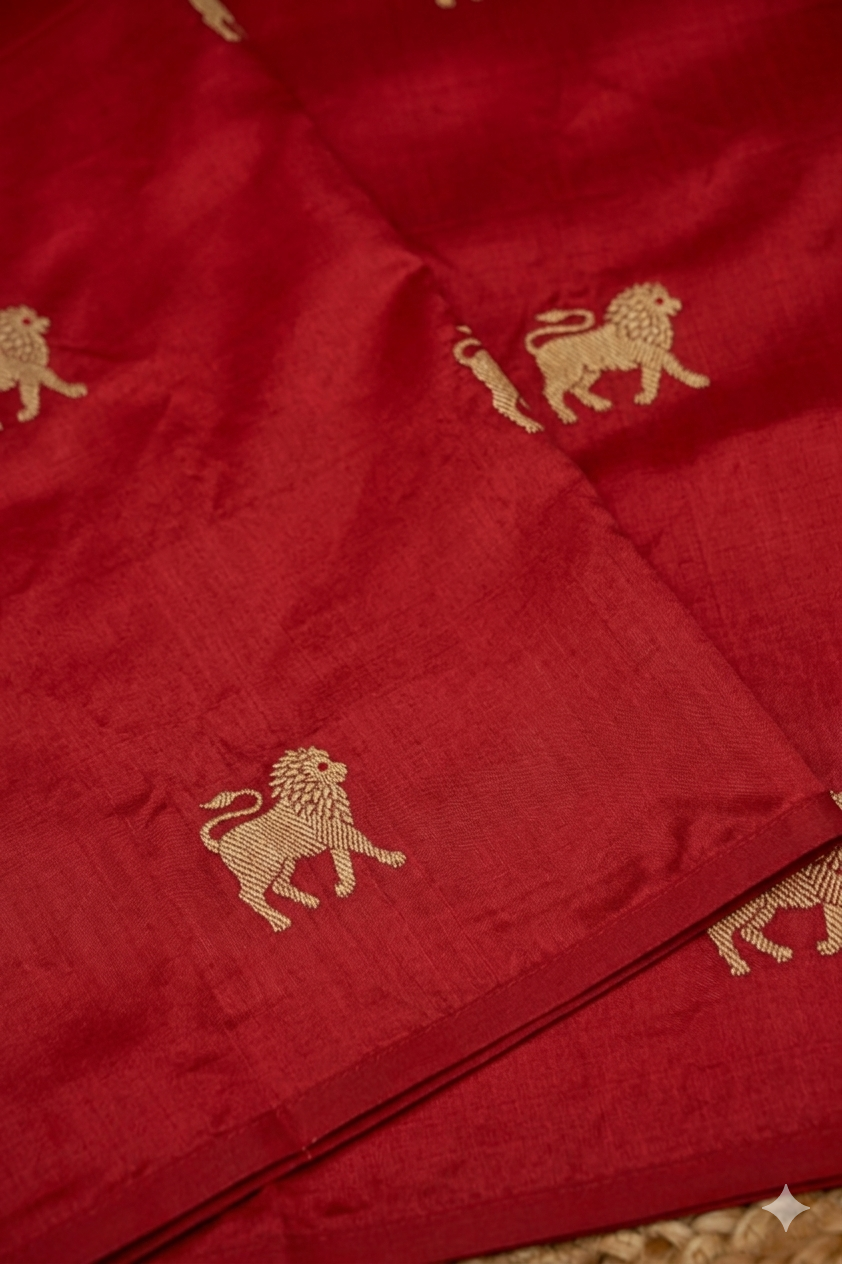 Royal Bridal Red Handwoven Banarasi Pure Puna Silk Saree with Zari Lion Motif