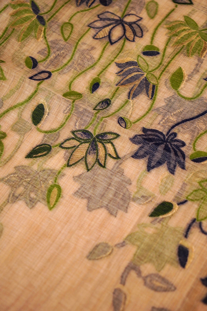 Beige Gold Cotton Silk Suit Set with Green Purple Floral Embroidery