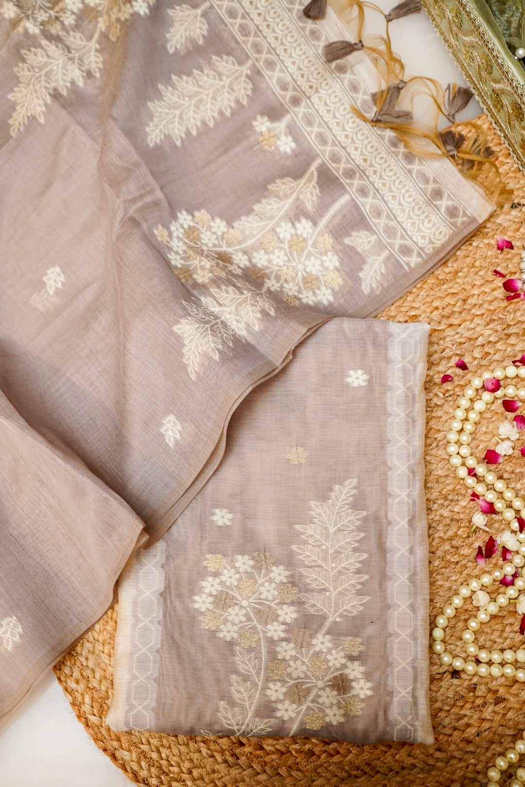 Off White &amp; Mauve Floral Woven Unstitched Suit Set