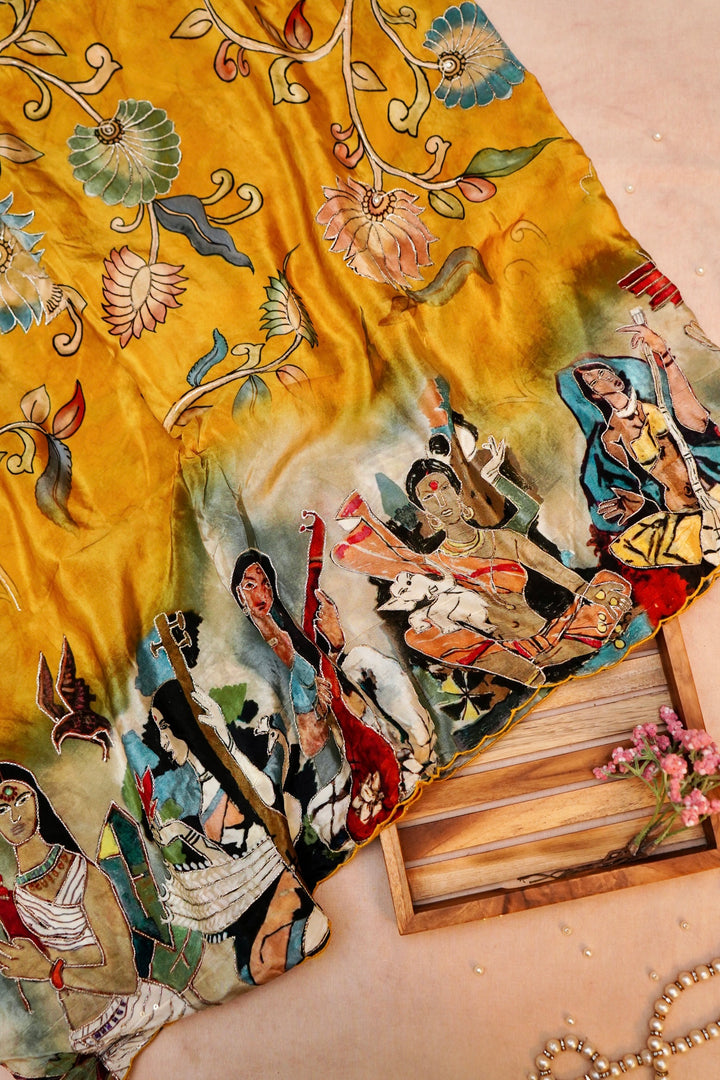 Vibrant Yellow Crepe Silk Saree with Floral Prints for Haldi Ceremony