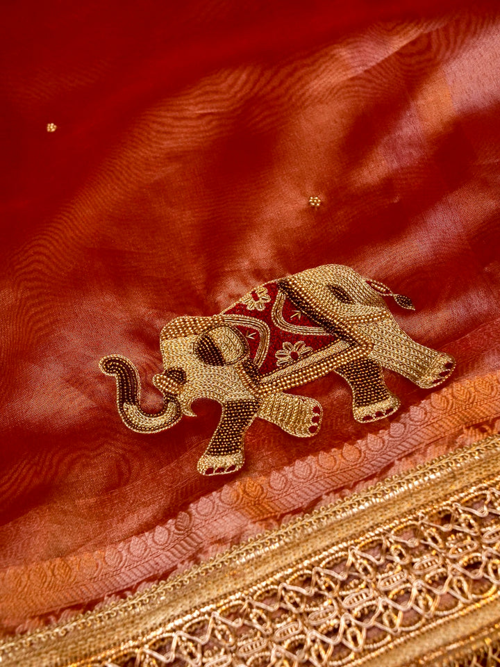 Elephant Motifs Banarasi Maharani Tissue Silk Saree with Hand Embroidery