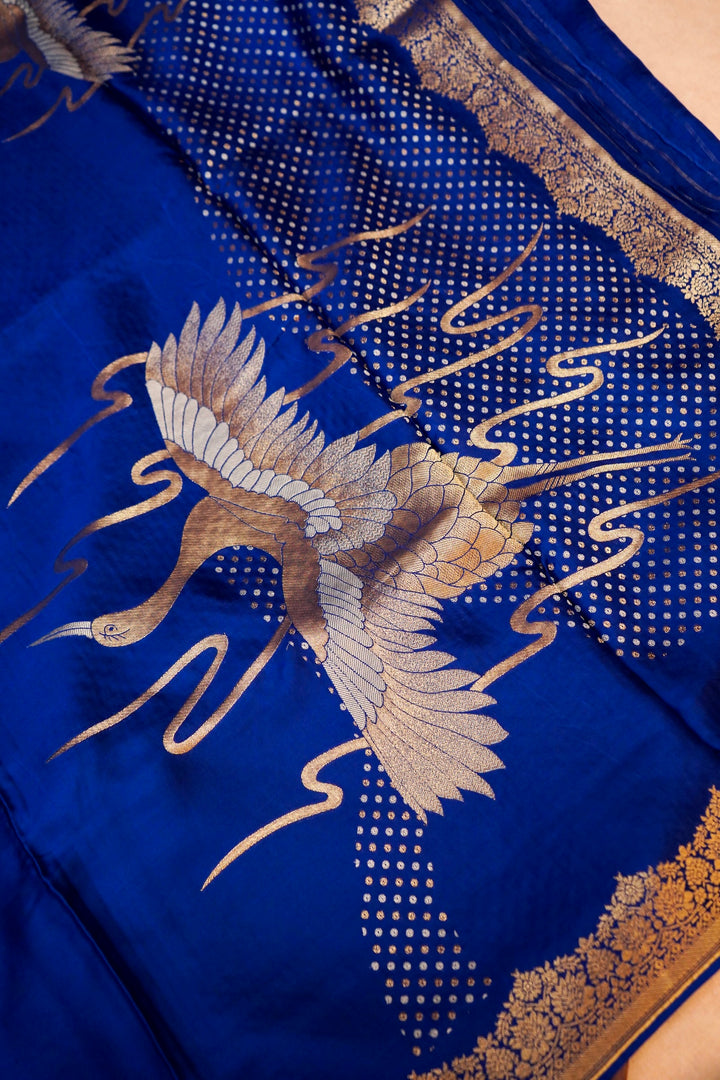 Blue Banarasi Satin Crepe Bandhej Weaving Saree with Birds Motif