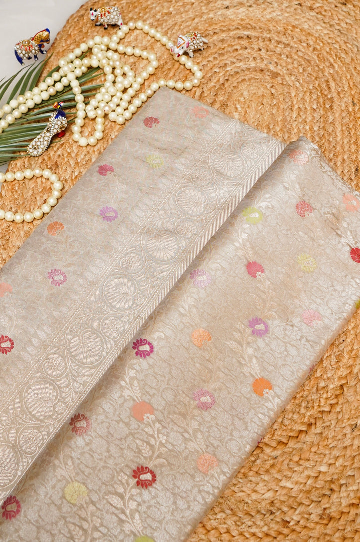 Beige Handwoven Banarasi Pure Katan Silk Brocade Meenakari Jaal Saree