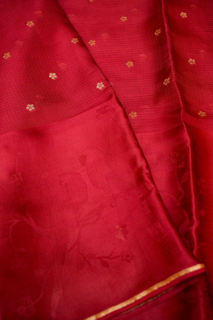 Maroon Banarasi Kota Bridal Saree with Silk Border &amp; Paithani Inspired Weaving