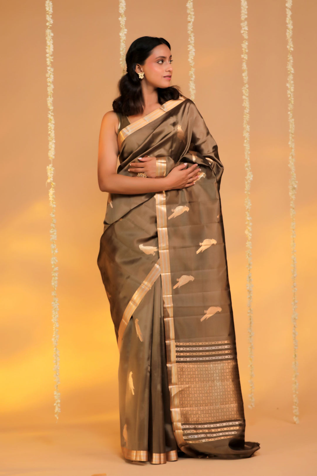 handwoven banarasi stone brown pure mashru silk birds saree front view 2