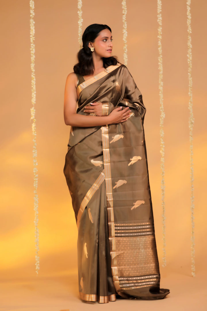 handwoven banarasi stone brown pure mashru silk birds saree front view 2