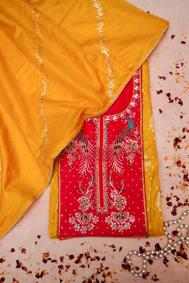 Pure Mul Silk Suit with Peacock Embroidered Neckline and Pitta Zari Dupatta