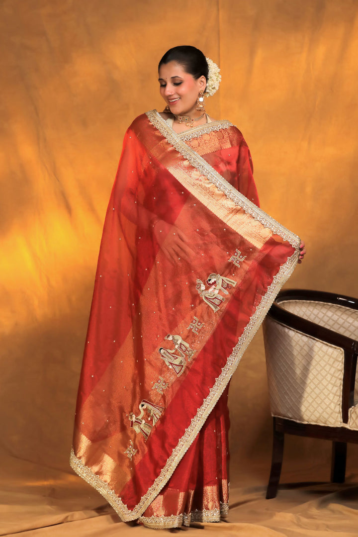 Gajanan motif baarat inspired red pure tissue silk saree front view 4