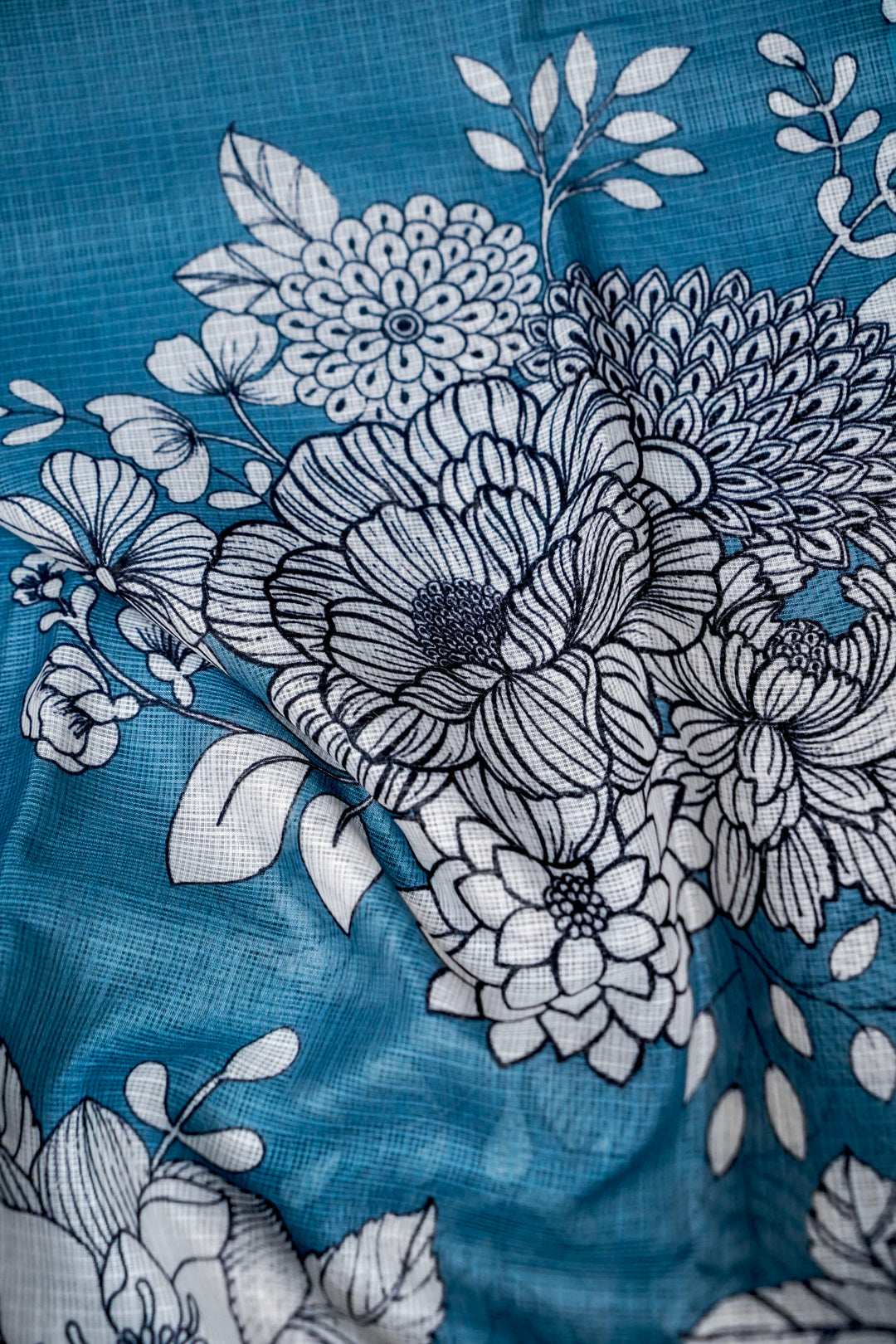 Glacier Blue Kota Check Saree with Printed Body and Zari Weave Check Border View 4