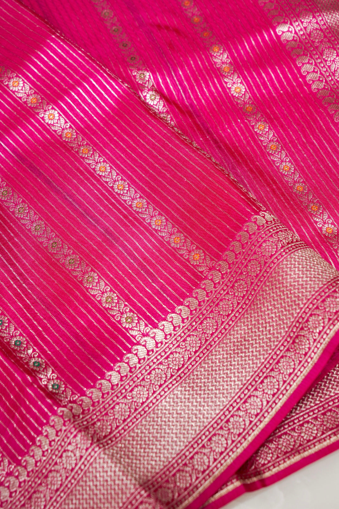 Pink Banarasi Soft Silk Bridal Saree with Meenakari Stripes