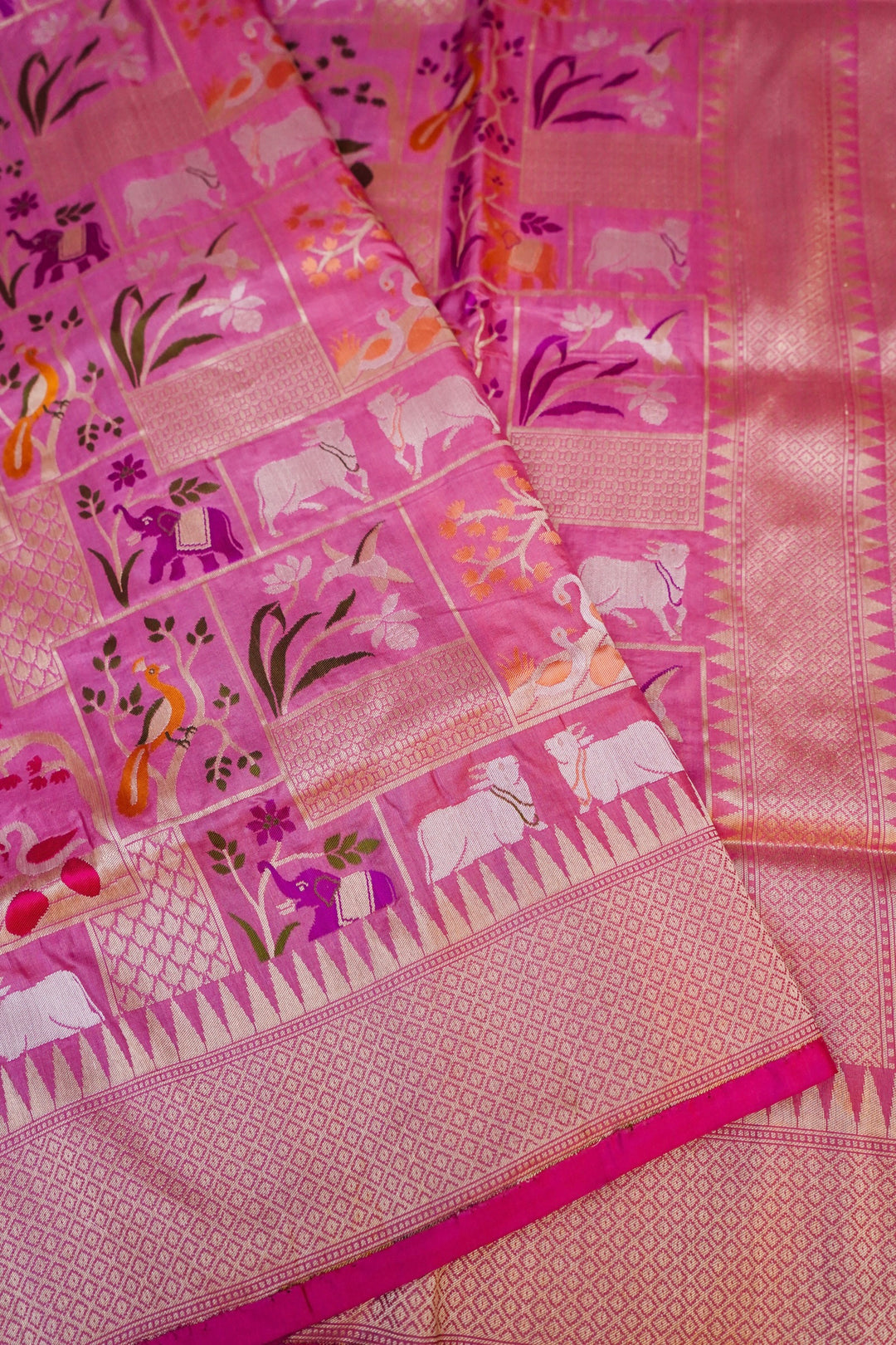 Pastel Pink Banarasi Pure Katan Silk Saree with Meenakari Jaal, Bird & Animal Motifs