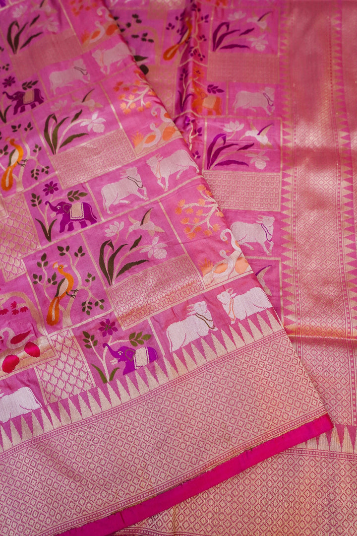 Pastel Pink Banarasi Pure Katan Silk Saree with Meenakari Jaal, Bird & Animal Motifs