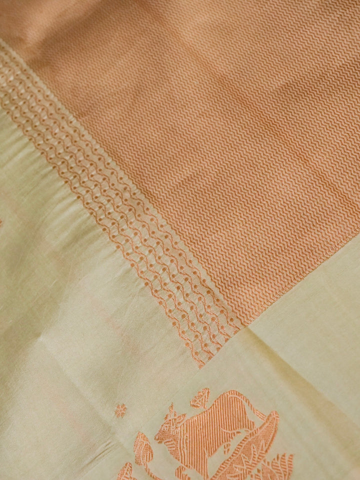 Handwoven Banarasi Pure Pastel Green Mashru Silk Saree with Zari Shikargah Weave View 5