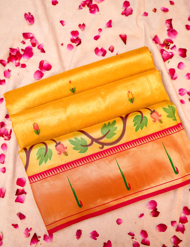 Golden Banarasi Paithani Tissue Silk Saree with Contrast