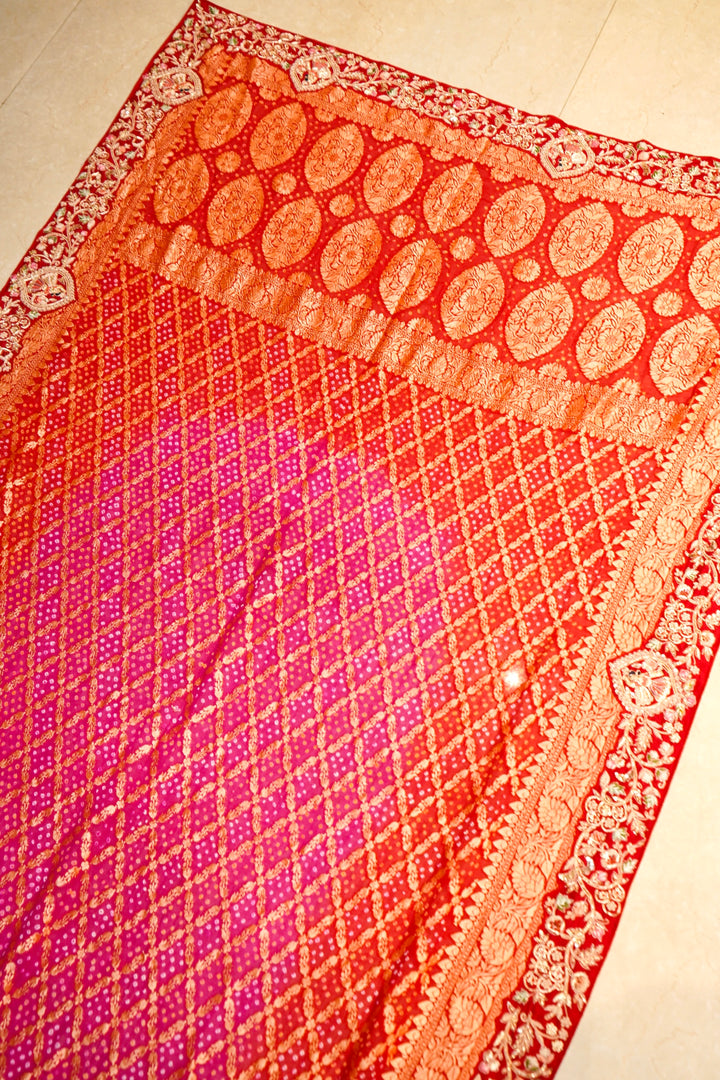 Designer Pure Banarasi Khaddi Bandhej Saree with Hand Zardozi Work