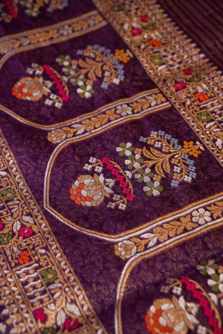 Handwoven Banarasi Pure Katan Silk Purple Jamdani Pattern Saree View 3