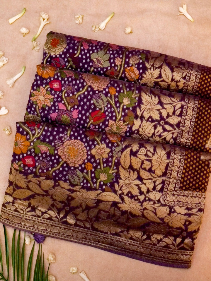 Bandhani Elegance Wine Khaddi Georgette Saree with Resham Weave Meenakari Jaal