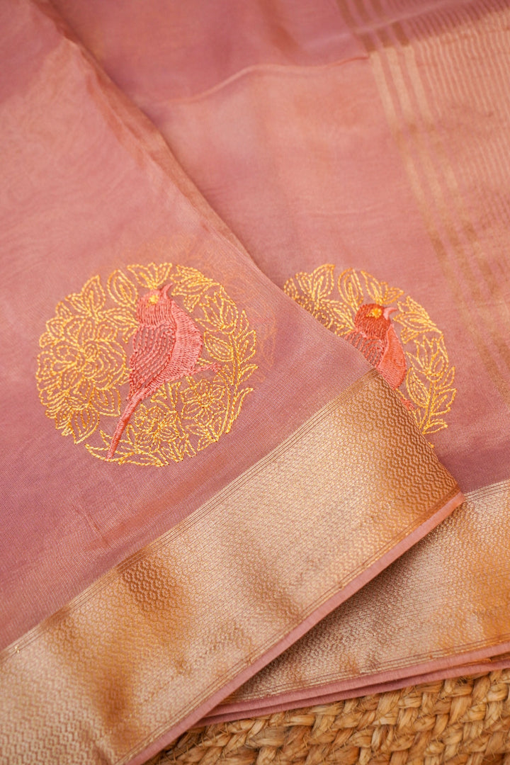 Pink Rose Gold Soft Tissue Saree Resham Bird Motifs &amp; Woven Border