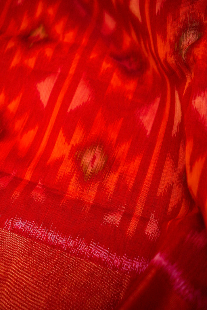 Banarasi Red Patola Cotton Silk Saree with Printed Geometric Designs