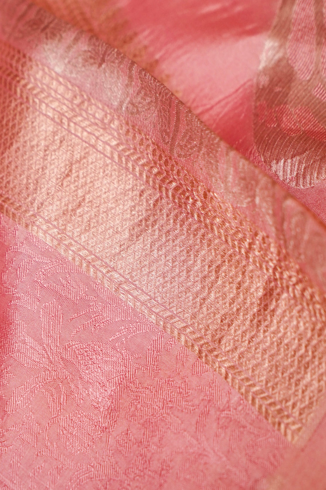 Blush Baby Pink Banarasi Handloom Pure Tanchoi Saree Closeup View 1