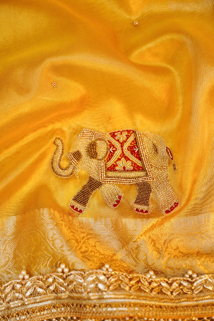Golden Maharani Tissue Silk Saree with Gajanand Motif Embroidery