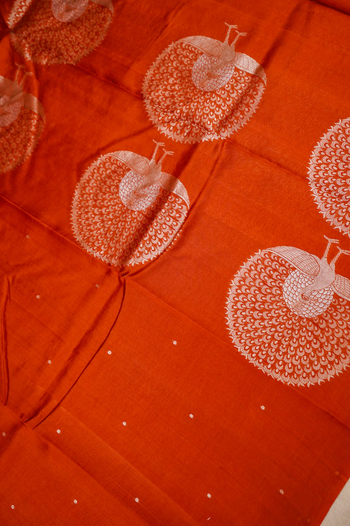 Rust Orange Peacock Motif Pure Silk Banarasi Saree View 2