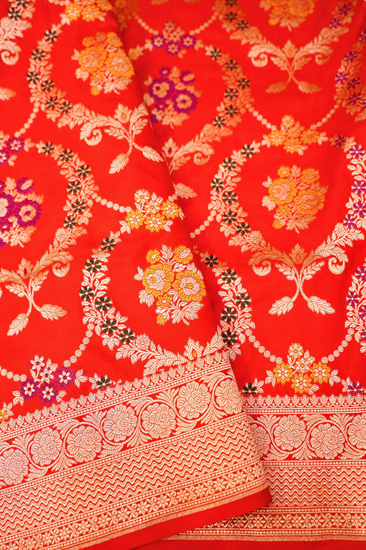 Red Bridal Pure Handloom Banarasi Katan Satin Silk Saree with Meenakari Jangla Design