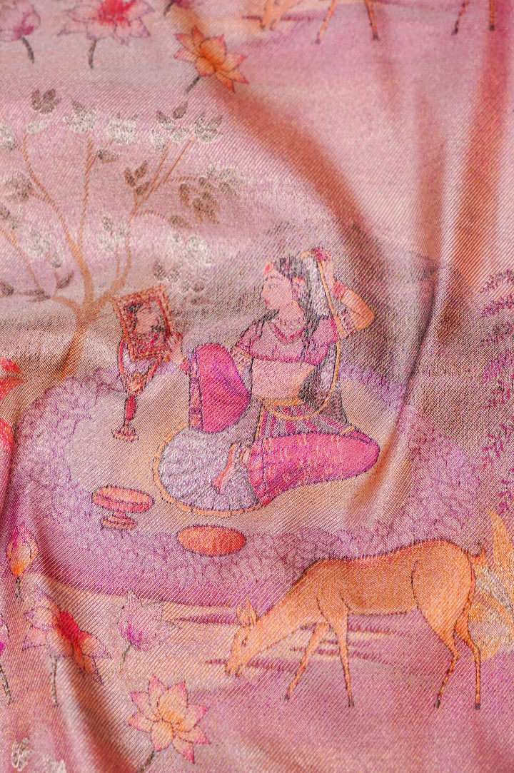 Authentic Pink Banarasi Pure Katan Silk Tanchoi Saree with Handcrafted Figure Patterns