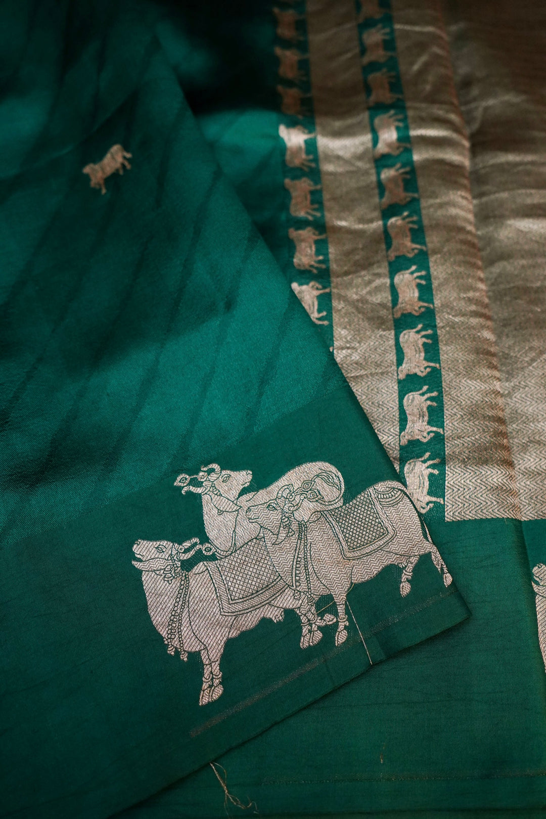 Dark Green Handwoven Banarasi Katan Silk Saree with Golden Zari Nandi Motifs