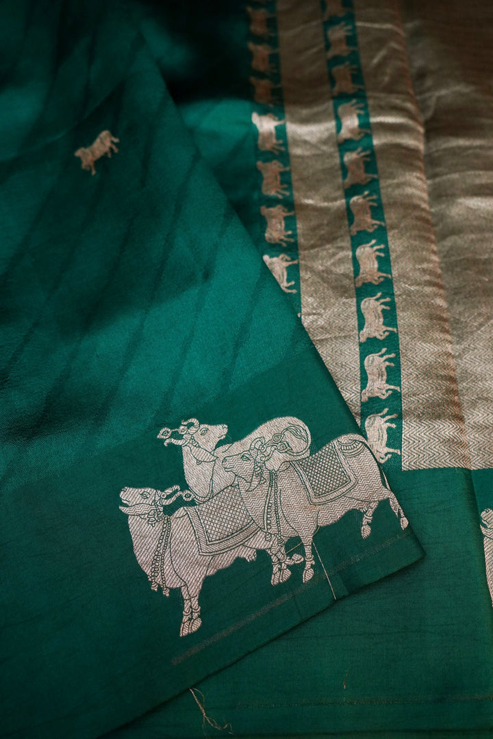 Dark Green Handwoven Banarasi Katan Silk Saree with Golden Zari Nandi Motifs