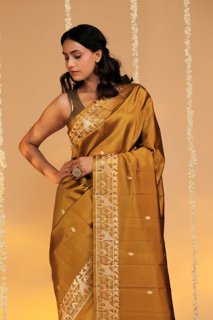 handloom banarasi pure mashru silk mustard shikargah saree closeup view