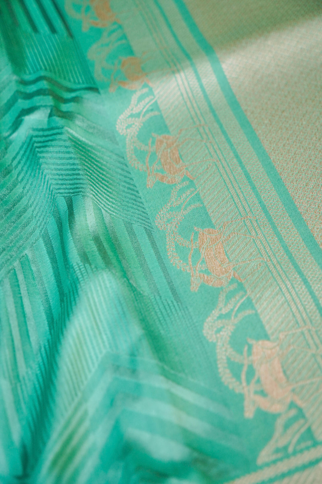 Aqua Green Banarasi Pure Katan Silk Saree – Handwoven with Golden Zari Shikargah Border & Pallu