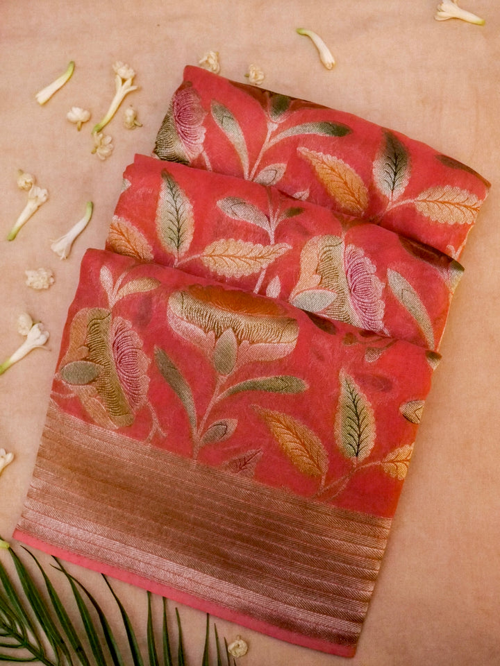 Banarasi Pink Meenakari Khaddi Georgette Saree with handbrush Meena