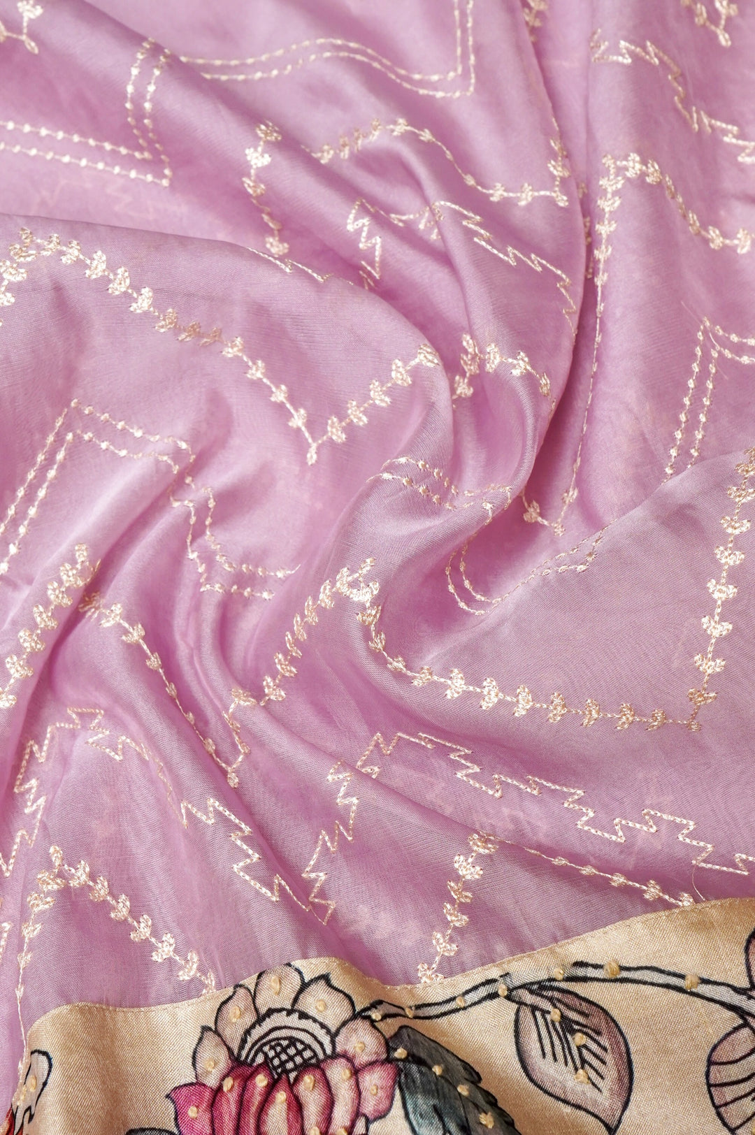 Elegant Organza Saree with Kalamkari Border & Katha-Resham Embroidery