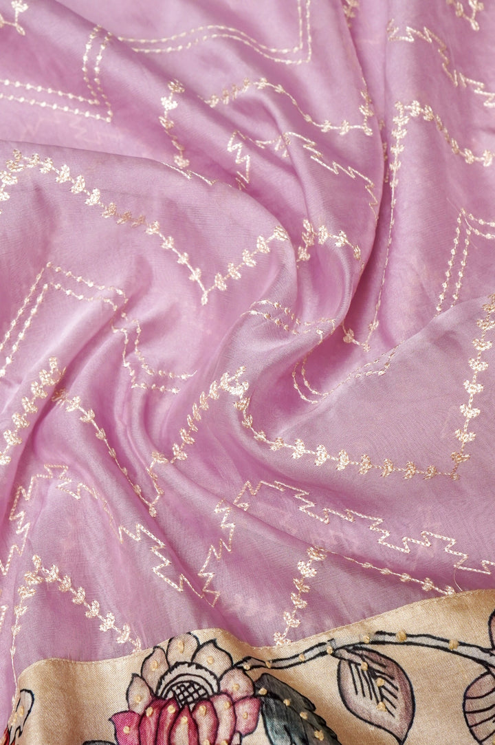 Elegant Organza Saree with Kalamkari Border & Katha-Resham Embroidery