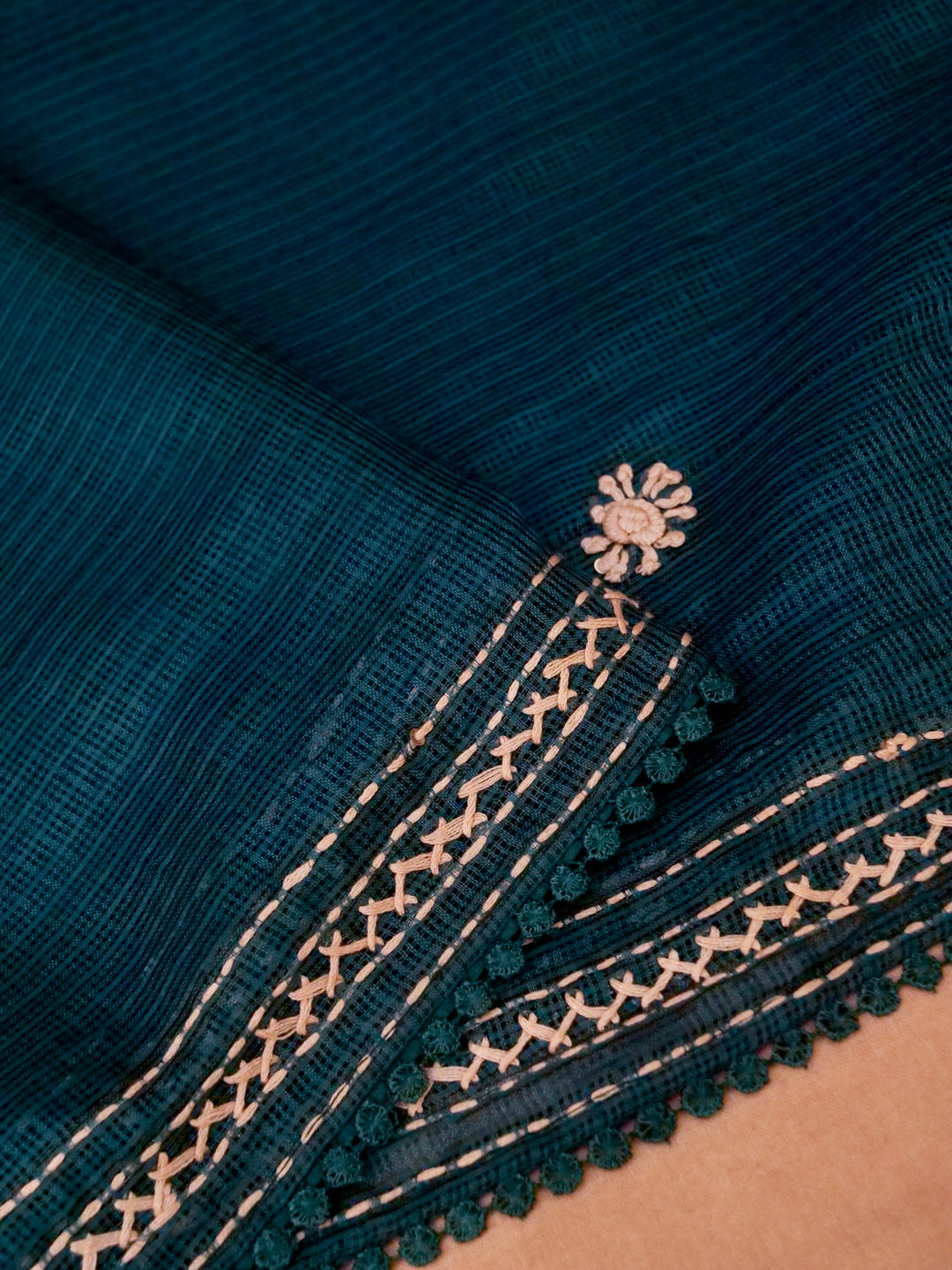 Teal Green Pure Kota Check Saree with Hand Kantha Embroidery View 3