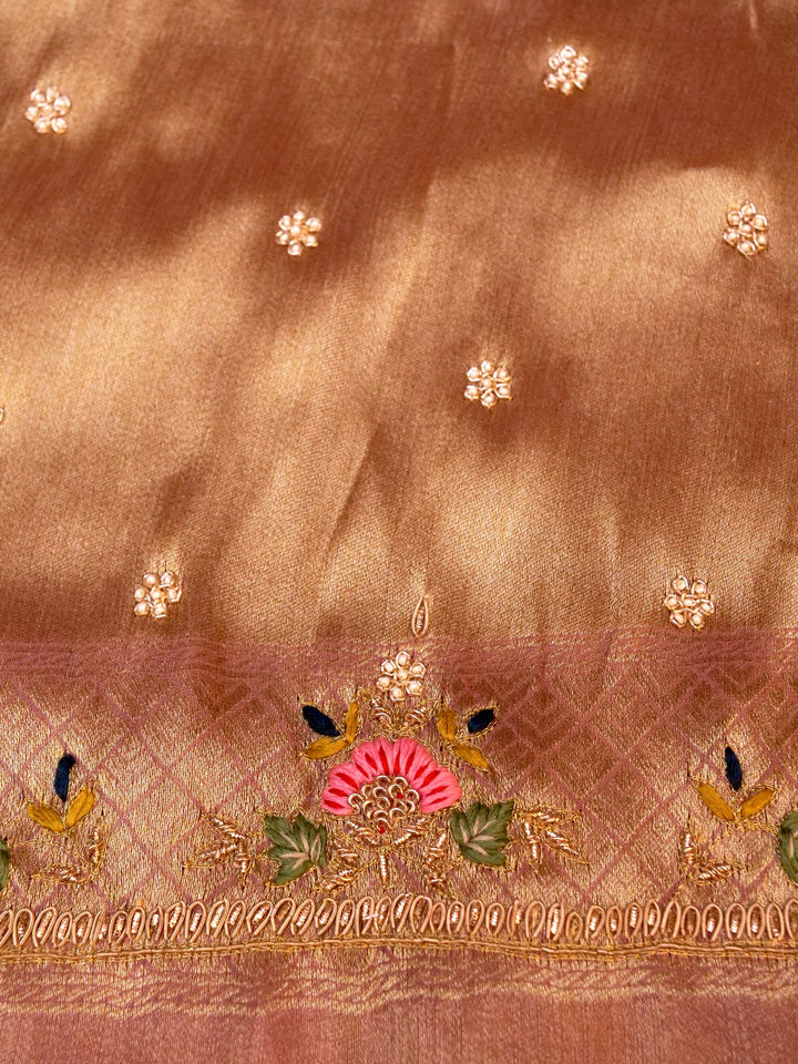 Copper Gold Banarasi Brocade Silk Saree with Zardozi and Resham Work