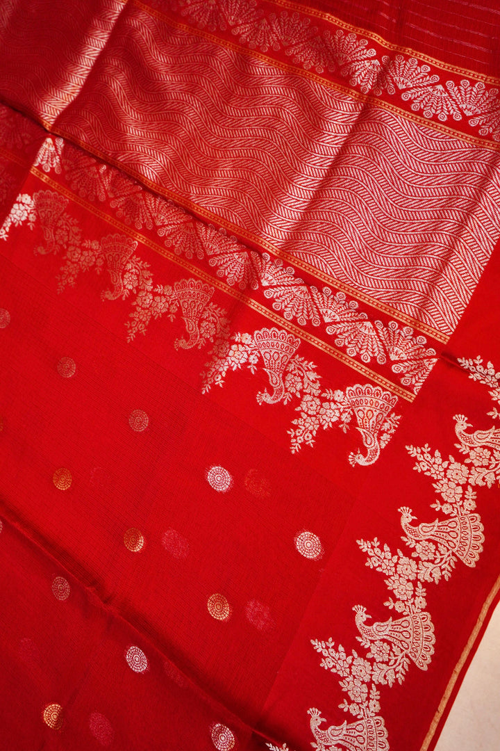 Red Bridal Kota Check Saree with Figure Motif Silk Border