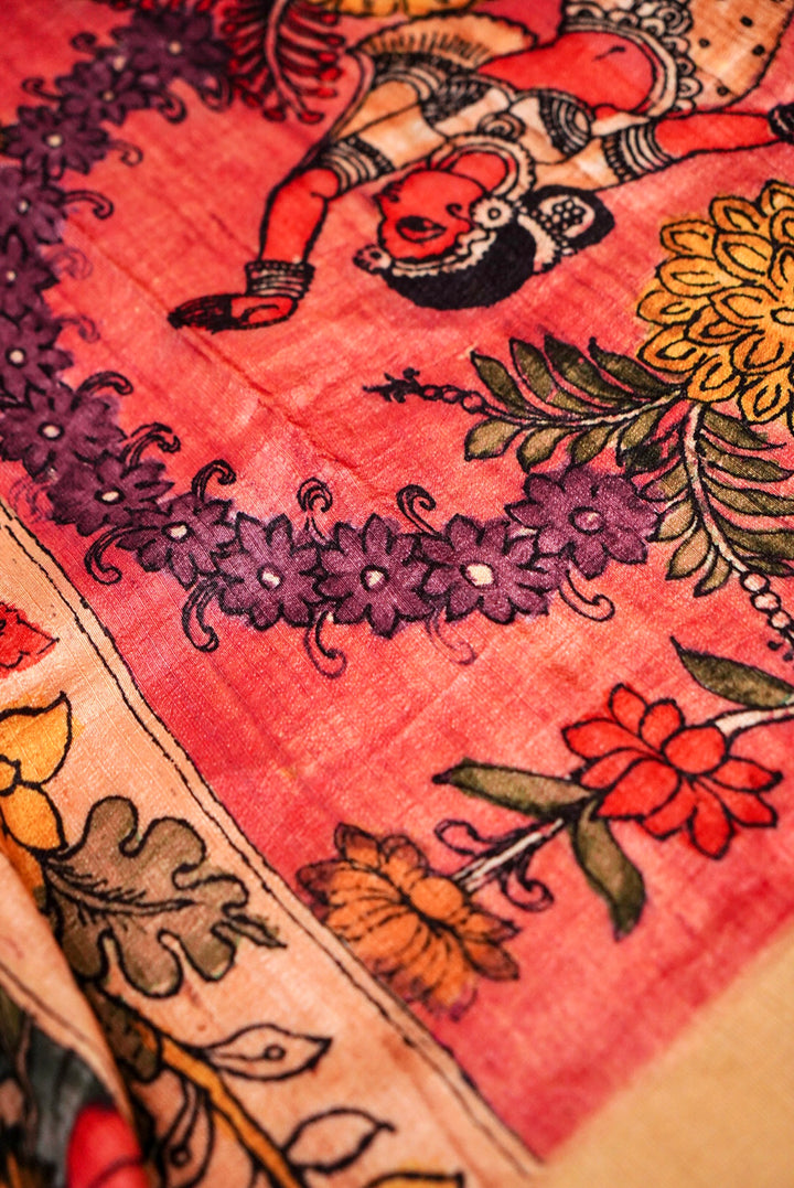 Tan Brown Tussar Silk Saree with Kalamkari Floral and Figure Print